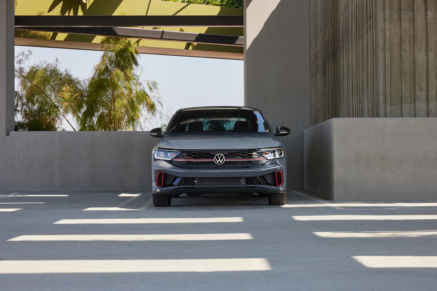 Front view of Volkswagen Jetta parked in the shade on a sunny day